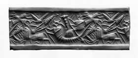 Cylinder seal with god in boat from Tell Asmar, Early Dynastic III (c. 2500-2350 BC)