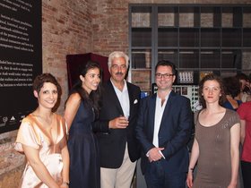 Launch of www.ibraaz.org and private view of The Future of a Promise in Venice, June 1st, 2011.  From left to right: Coline Milliard (Managing Editor), Lina Lazaar (Associate Editor), Kamel Lazaar (Founder, Kamel Lazaar Foundation and Patron of Ibraaz Publishing), Anthony Downey (Editor) and Lois Olmstead (On-Line Content Manager) 