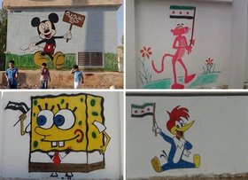 Wall murals from Saraqeb, a village in the North of Syria. Paintings by Syrian opposition villagers.