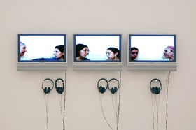Zineb Sedira, Mother Tongue, 2002. Video (color, sound) with audio headset. Format 4/3. Exhibition view Les rêves n’ont pas de titre (mac), musée d’art contemporain, Marseille, France. 4 min 38 s (each vidéo)