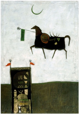 Dia Azzawi, Folkloric Mythology, 1966. Oil	on canvas, 100cm x 71cm. Private collection, London.