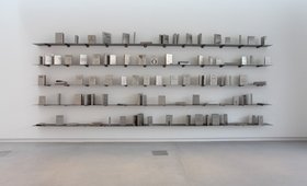 Shilpa Gupta, Someone Else – A library of 100 books written anonymously or under pseudonyms, 2011, stainless steel and mild steel, seventy-five books courtesy of Kiran Nadar Museum, New Delhi, twenty-five books produced by Sharjah Art Foundation. Image courtesy of Sharjah Art Foundation.