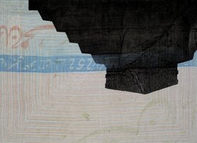 Shezad Dawood, Inverse Pyramid, 2010, acrylic on vintage textile, 120 x 165 cm. Courtesy of Paradise Row, London.