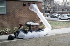 Michael Rakowitz, Michael McGee's paraSITE shelter, 2000, plastic bags, polyethylene tubing, hooks, tape, installation view in New York, NY. Courtesy the artist and Lombard Freid Gallery.