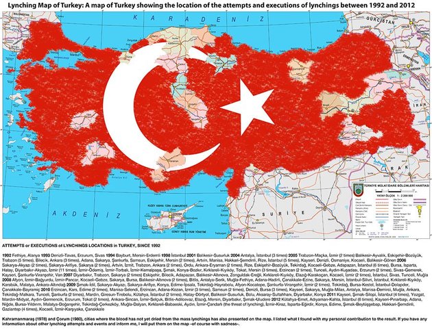 Hakan Akçura, Almost over Lynching Map of Turkey, a map of Turkey showing the location of the attempts and executions of lynchings between 1992 and 2012, 17th of January 2010, published in a Turkish Newspaper. Courtesy and © www.open-flux.blogspot.com.