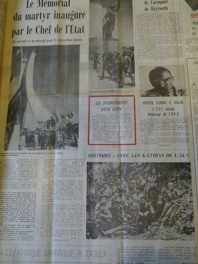 Reports of the unveiling. El Moudjahid, Front Page, 6th July 1982.