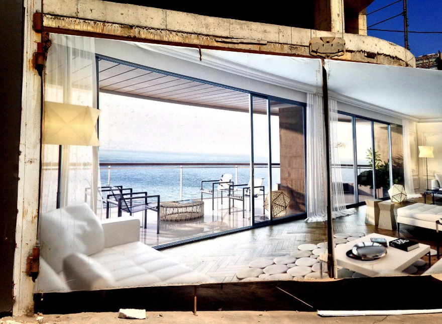 Image of life-size architectural visualization showing a luxury apartment block still to be built in Beirut, 2015.