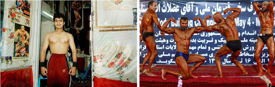 Left: Masood Kamandy, Afghanistan Series: Kabul Bodybuilder, Right: A bodybuilding competition at the Areyub Cinema in the western part of Kabul city. Hundreds of competitors enter the annual contest.