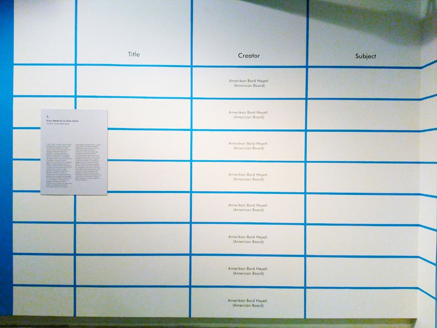 One wall in the exhibition space made to look like a cataloguing table. Exhibition view, Empty Fields, SALT Galata.