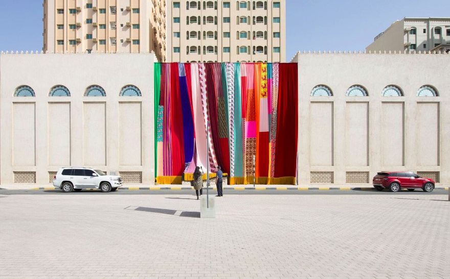 Joe Namy, Libretto-o-o: A Curtain Design in the Bright Sunshine Heavy with Love, 2017. Site-specific installation, curtain and stereo sound. Dimensions variable. Commissioned by Sharjah Art Foundation. 