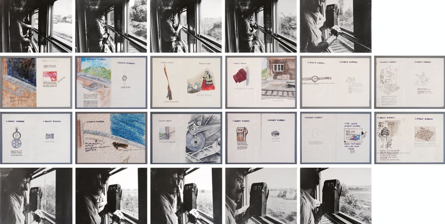 Nil Yalter, Orient Express, 1976. Installation with video, drawings, photographs and polaroids, 10 black and white photos (unique) and 12 drawings (diptych) on graph paper, 28 x 36 cm (photos); 28 x 18 cm (drawings), 16 mm polyester Kodak Colour film 13’ 53’’, The Sammlung Verbund, Vienna 7-part work (polaroid, pencil, coloured pencil and stamp) 26 x 71,5 cm (each).