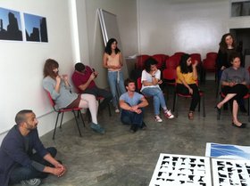 Home Workspace Program participants and professors at a critique session, April 2012. Courtesy of Home Workspace, Beirut.