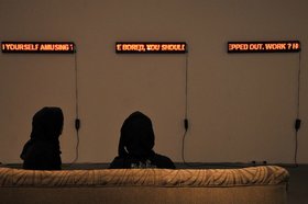 UBIK, Autosuggestion, 2012, Led ticker tape, sofa, dimensions variable. Courtesy Maraya Art Centre, Sharjah. © the artist.