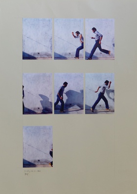 Hassan Sharif, Jumping No. 1, 1983. Documentary photographs. Seven chromogenic prints mounted on cardboard, 83 x 58.5 cm.