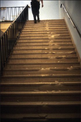 Broken stairs where the Bassetki statue was apparently dragged down.