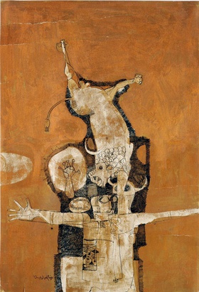 Dia Azzawi, Siraa' Jiljamesh ma'a al-­Wuhush (Gilgamesh's Struggle with the Wild Beasts), 1966. Gouache and ink on paper, 52cm x 32cm. Private collection, London.