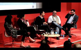 Panel discussion, Structural Futures: Where to Now?, (from left) Lina Lazaar, Zineb Sedira, Omar Berrada, Abdelkader Damani and Anthony Downey.