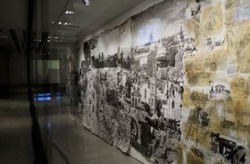 Kennard Phillips, Palestine, 2008, Pigment ink, oil, paper, charcoal on canvas, 42 x 13 ft, Commissioned by the P21 Gallery.