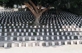 Nada Sehnaoui, Promenade in Your Dreams, Beirut, 2001, text and drawings on 1730 wood boards and 100 chairs. Courtesy of the artist.