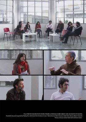STILLS FROM THE FILM DIRECTED BY PEEPING TOM AND CO-PRODUCED BY ANNA SANDERS FILMS (DVD INSERTED IN THE BOOK) Roundtable discussion organized by Peeping Tom, with 8 actors form the local art scene : Marwa Arsanios, Mirene Arsanios, Hatem Iman, Ghassan Maasri, franziska Pierwoss, Ghassan Salhab, Rasha Salti and Akram Zaatari.