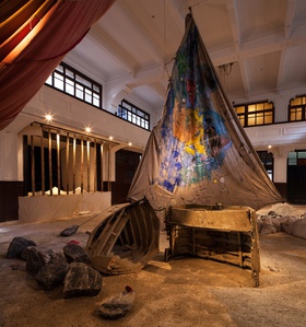 Anna Boghiguian, The Salt Traders, 2015. Textiles, wax, watercolour, gouache, wood, cankiri salt, salts, sand, voice and sound of waves and seagulls.