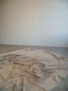 Adelita Husni Bey, Green Mountain, 2011, installation view, printed linen, 6x4.50mt. Courtesy of the artist.