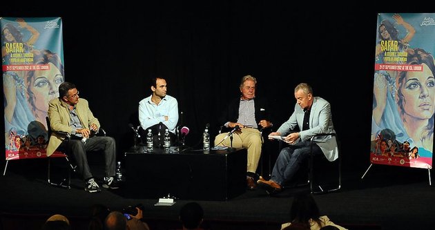 Safar forum. (Left - Right) Philippe Aractingi, Khalid Abdalla, Hussein Fahmy, Brian Whitaker. Photo ©Kevin Poolman 2012.