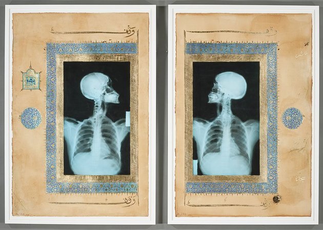 Ahmed Mater, Illumination Diptych (Ottoman Waqf), 2010, Gold leaf, tea, pomegranate, Dupont Chinese ink and offset x-ray film print on paper, Los Angeles County Museum of Art, © Ahmed Mater.