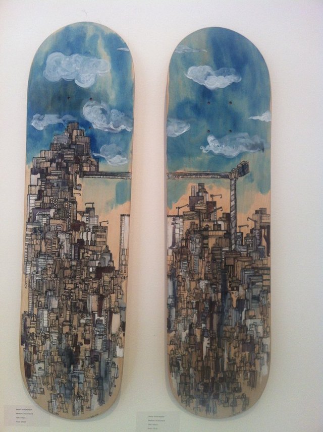 Sarah Hatahet, Amman Cityscape, Philadelphia skateboards on display at ‘The Studio’, 2012. Photograph by Yasmin Khan.