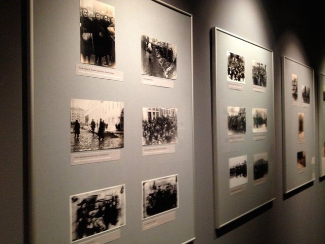 Installation shot of the temporary exhibition, „Polish art and the Holocaust” which includes photographs and filmed records of the Warsaw Ghetto recovered by Emanuel Ringelblum and most of the Archive’s creators who did not live to see the end of the war. Those who survived made the effort to find the archives. In September 1946, the first part of the Archive was unearthed, the second part was come upon by chance in December 1950. Until today, the third part of the Archive, which was to be hidden on 19 April 1943, the night before the outbreak of the uprising in the ghetto, in the brushmaking workshop near the 34 Świętojerska St. (today, the Chinese embassy).