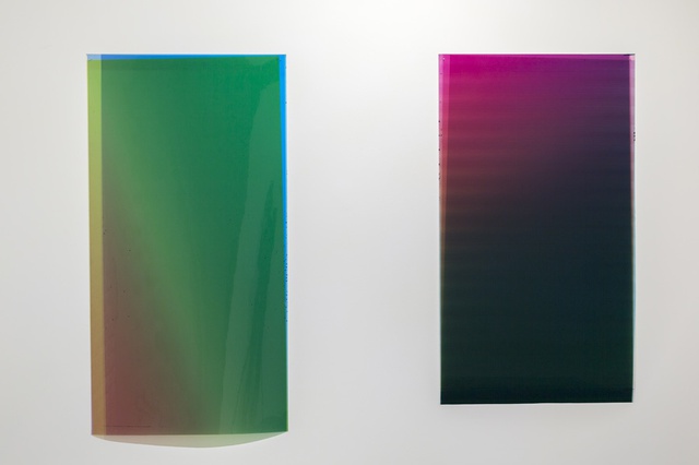 Caline Aoun, (l) Untitled, 2013, unique inkjet print on Permajet transfer film, 610 x 1085 mm. (r) Untitled, 2013, unique inkjet print on Permajet transfer film 610 x 11170.