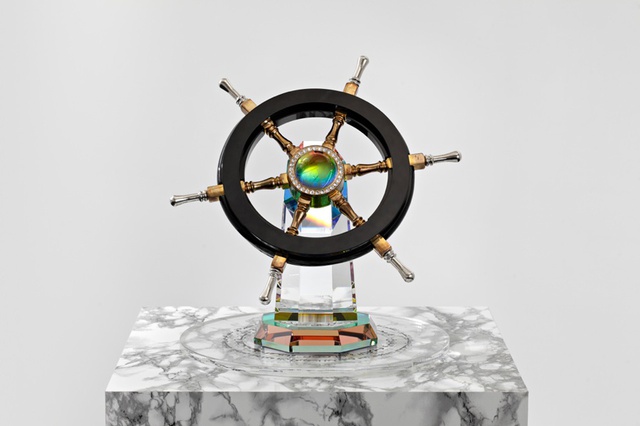 GCC, Berlin Congratulant, 2013. Glass, brass, metal, zirconia diamonds, wood, marble veneer.