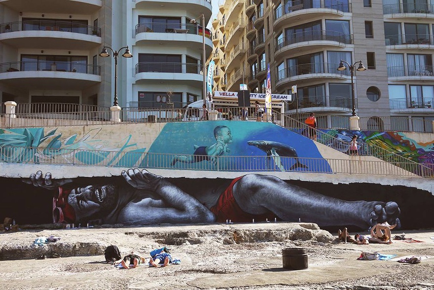 MTO, The Mediterranean Door, 2014. Qui Si Sana, Downtown Sliema, Malta. Mural created for Sliema Street Art Festival 2014.