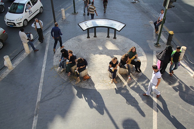 On the Intersection of Fulfilment and Happiness Street, a public performance by Shuruq Harb, Noura Salem and Yvonne Buchheim. Commissioned by T-Jassad by Makan Art Space and ArtsCollaboratory. (2015)