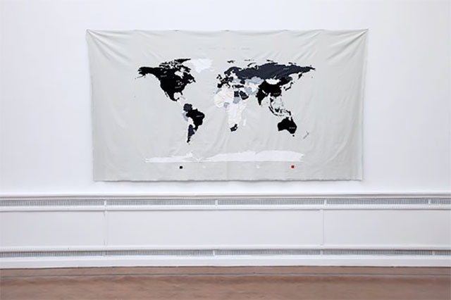 Mona Vatamanu and Florin Tudor, Le monde et la dette, 2016. Textile, 300 x 150 cm. Installation view at EVA International – Ireland’s Biennial 2016.