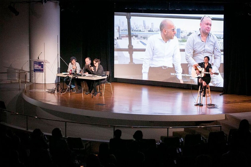 Mary Ellen Carroll, Unsuspecting Materials, 2016. Performance documentation, FIELD MEETING: Thinking Practice, November 11th at Solomon R. Guggenheim Museum. With Saman Arbabi, Kennan Gudjonsson, Nina Nastasia.