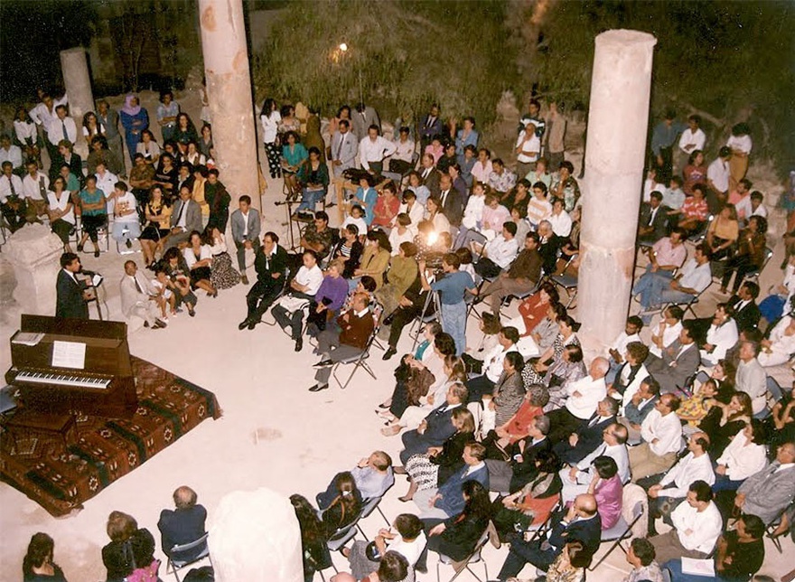 Inaugural concert at the archaeological site, with Tania Nasir reciting poems by Jabra Ibrahim Jabra, accompanied by Agnes Bashir on piano, 1993.