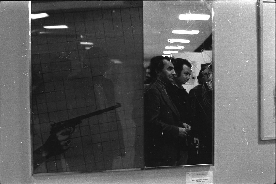 Reflection of Ezzedine Kalak in artwork by Jacques Monory, at The International Art Exhibition for Palestine, Beirut, 1978.