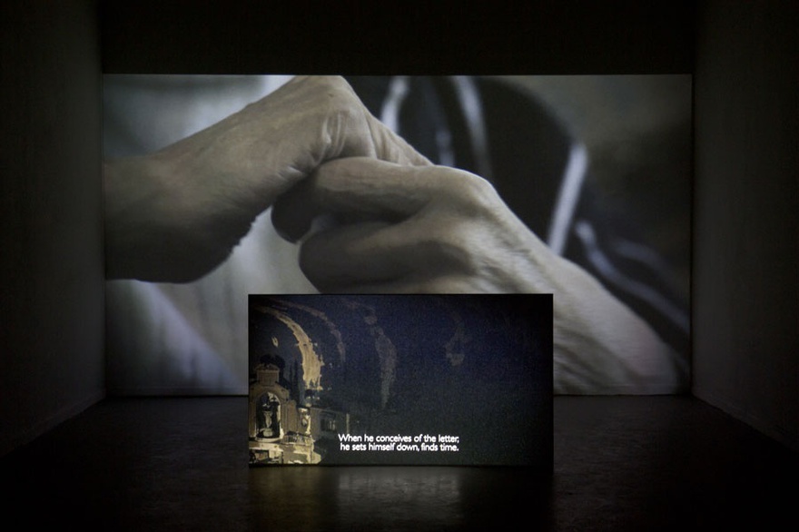 Hamza Halloubi, Late, 2015. Installation view  Rijksakademie Open, Rijksakademie, Amsterdam, Netherlands. Dual-channel video installation, 19 min, color, sound.