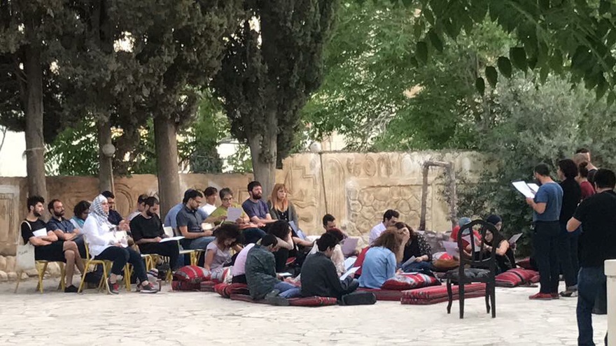 Participants reading their manifesto on Utopia at the conclusion of Gareth Evans and Andrea Luka-Zimmerman's workshop at the Muhanna Durra Gallery, Spring Sessions 2017.