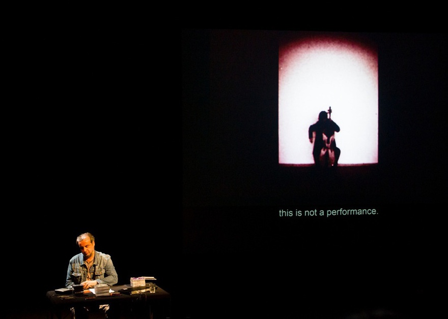 Rabih Mroué, Riding on a Cloud, 2014. Assistant director: Sarmad Louis. Performance with Yasser Mroué. English translation: Ziad Nawfal.