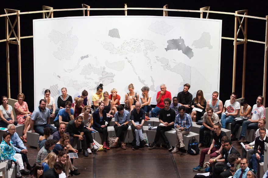 New World Summit – Brussels, 2014. The backdrop of the parliament of the 4th New World Summit consists of an alternative world map, depicting all the unrecognized states represented in the program, as such forming a “substructural” world map, a history according to the stateless.