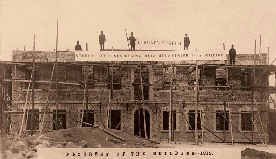 Construction of the library-museum building, Anatolia College, 1912.