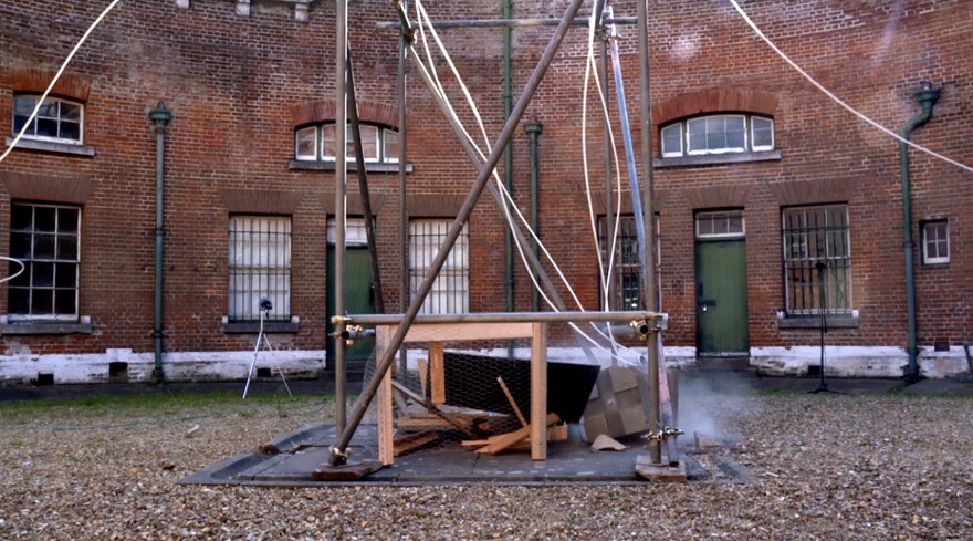 Helene Kazan, Engineering Shelter, 2015. Video still, moment of impact.