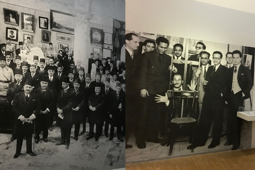 Left: Inauguration of the Salon du Caire, Societe des Amis de l’Art, 1927. Right: Members of the Art and Liberty group during the 1941 exhibition. Front (from left): Jean Moscatelli, Kamel El-Tilmissany, Angelo de Riz, Ramses Younane, Fouad Kamel, Back (form left to right): Albert Cossery, unidentified, Georges Henein, Maurice Fahmy, Raoul Curiel.