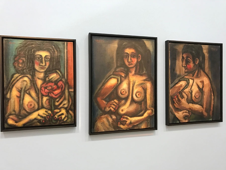 Left to right: Kamel El Telmisany, Nude, 1940. Oil on canvas 55.5 x 41 cm, Yasser Hashem collection, Cairo. Kamel El Telmisany, Nude, 1941. Oil on canvas, 47 x 67 cm, Fatenn Mostafa Kanafani collection, Cairo. Kamel El Telmisany, Nude, 1941. Oil on canvas 64 x 49 cm, Barjeel Art Foundation, Sharjah