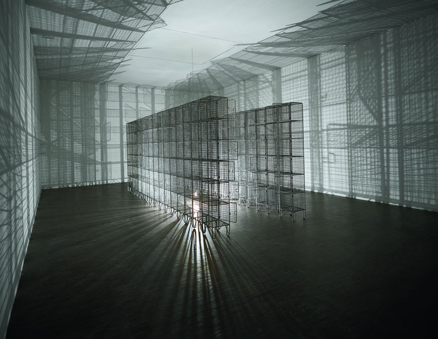 Mona Hatoum, Light Sentence, 1992. Galvanised wire mesh lockers, electric motor and light bulb, 198 x 185 x 490, Centre Pompidou, Musée National d’Art Moderne, Paris: Mnam-CCI / Dist RMN-GP.